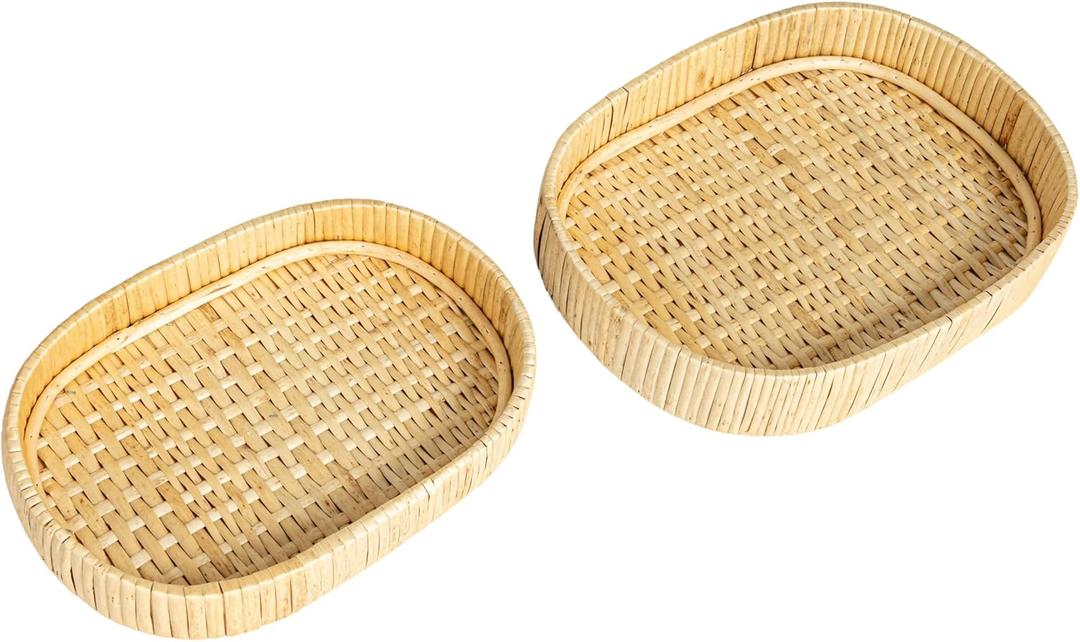 Household Essentials Willow Nestable Oval Trays with Raised Edges, Natural, Set of 2