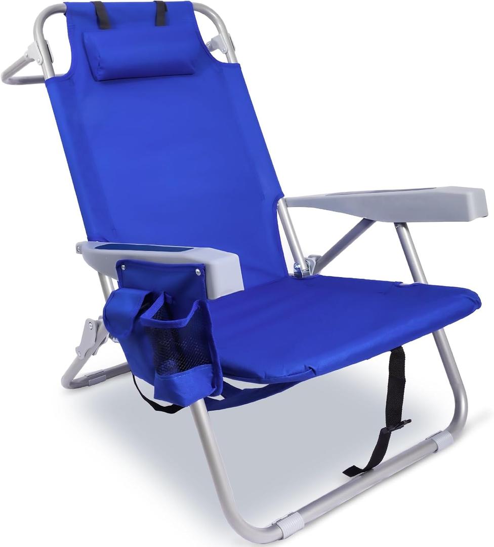 Yestomo Backpack Beach Chair for Adults, Heavy Duty Folding Reclining Beach Chair with 4-Position Lay Flat, Portable Low-Profile Sand Chair with Cooler & Towel Bar, Supports 350LBS, X-Large