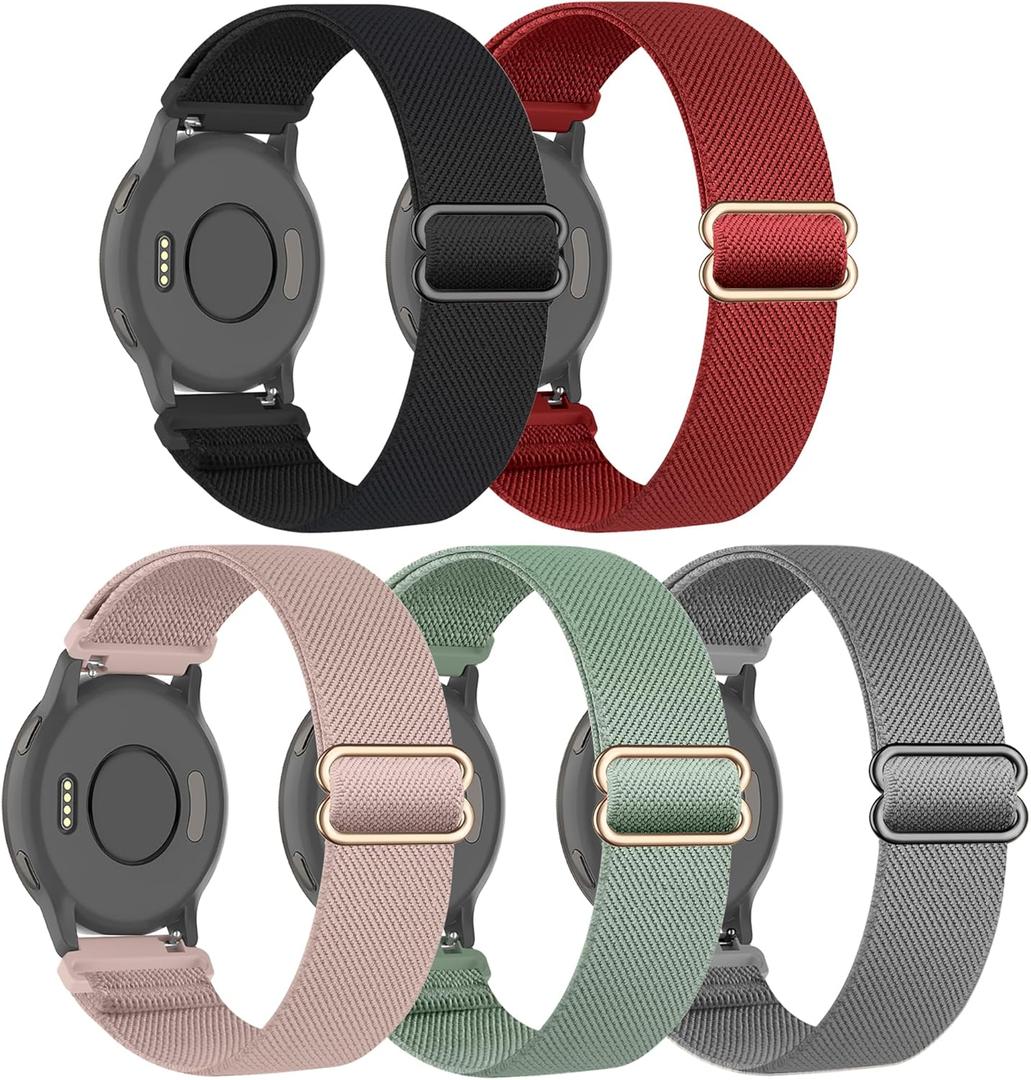 5 Pack Stretchy Nylon Watch Band Compatible with Garmin Venu 3/2/4 45mm/Forerunner 265/255 46mm/570 47mm/Vivoactive 4,22mm Soft Adjustable Sports Replacement Strap for Amazfit Bip 5/6/Balance 2 (Black/Rose Pink/Cactus/Red/Deep Gray)