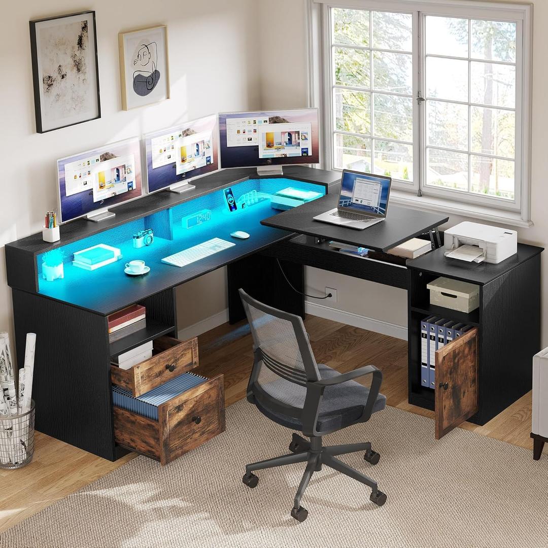 YITAHOME L Shaped Desk with Power Outlets & LED Lights, 60" Corner Computer Desk with Drawers & Lift Top, Home Office Desk with Monitor Stand & File Cabinet, Wood Height Adjustable Desk, Black & Brown YITAHOME L Shaped Desk with Power Outlets & LED Lights, 60" Corner Computer Desk with Drawers & Lift Top, Home Office Desk with Monitor Stand & File Cabinet, Wood Height Adjustable Desk, Black & Brown