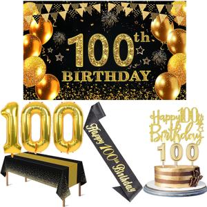 100th Birthday Decorations Men Women with 100th Birthday Banner, Black and Gold Table Cloth, Number Balloons, Large Sash,Cake Topper and Candles
