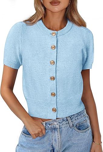 PRETTYGARDEN Womens Casual Summer Short Sleeve Cardigans 2025 Button Down Knitted Sweater Basic Crew Neck Crop Tops Large