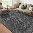 Washable Area Rug 6x9 Black Rugs for Living Room, Vintage Boho Large Rug for Bedroom Dining Room Office, Distressed Floral Print Carpet for Under Table, Soft Non Slip Low Pile Throw Carpet Indoor Mat