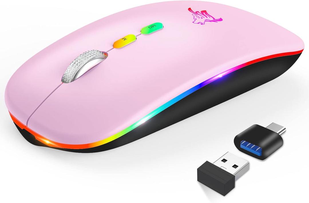 HOTLIFE LED Wireless Mouse, Slim Rechargeable Wireless Bluetooth Mouse, 2.4G Portable USB Optical Computer Mice with USB Receiver and Type C Adapter (Pink)