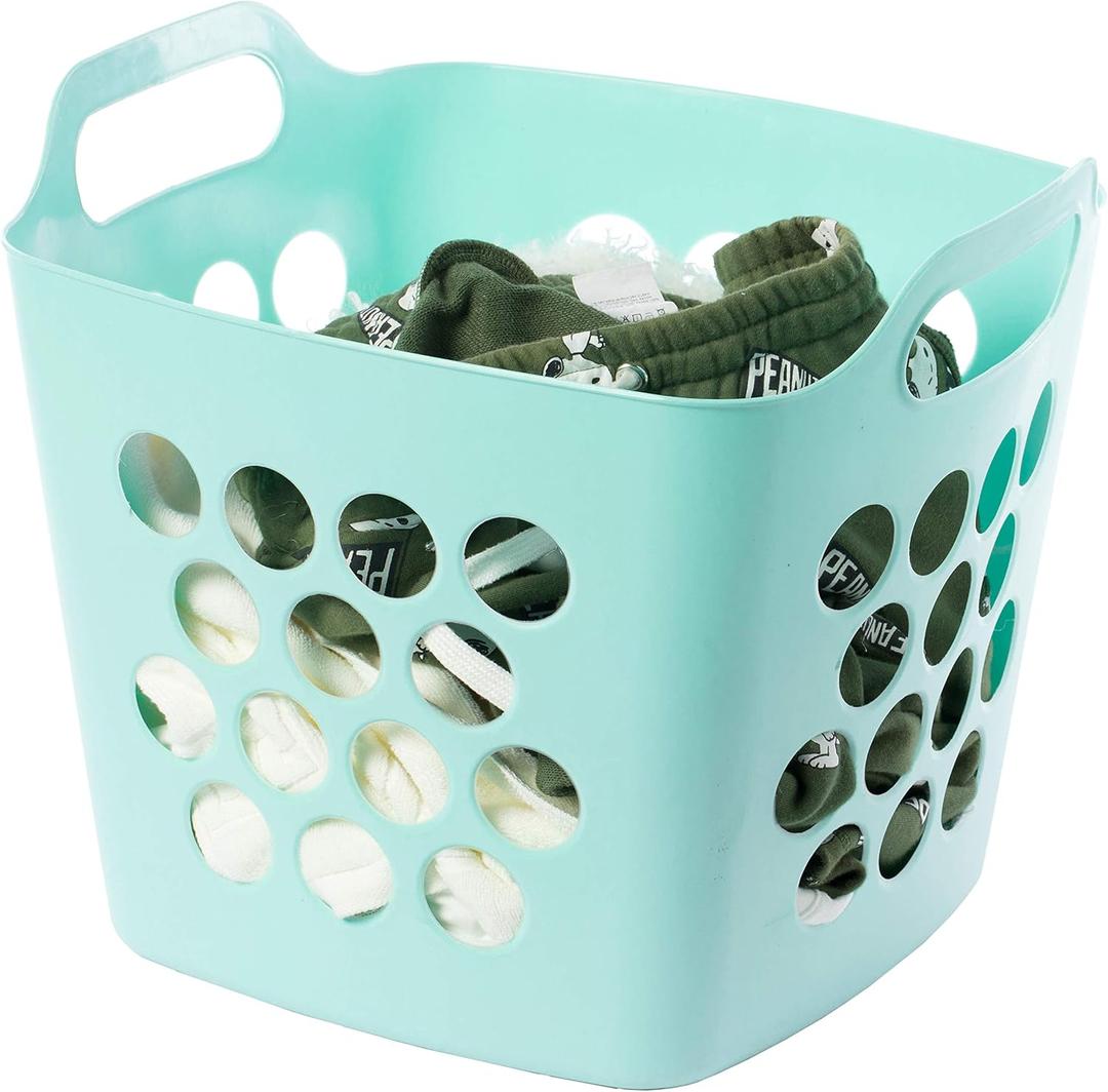 Flexible Plastic Carry Laundry Basket Holder Square Storage Hamper with Side Handles (Green)