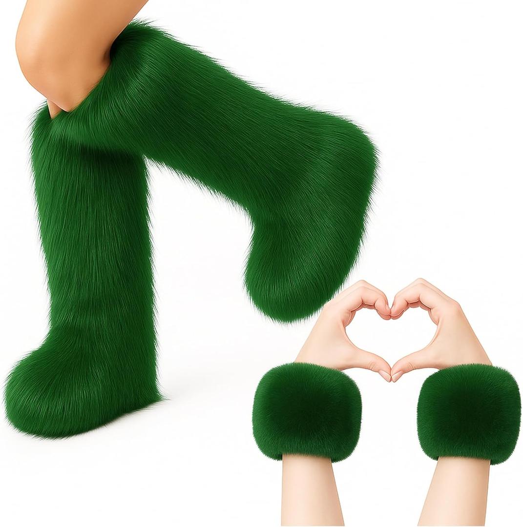 Berlune 2 Pairs Faux Fur Fuzzy Leg Warmers Furry Wrist Cuffs Fluffy Boot Covers for Women Girls Winter Valentines Costume (Green)