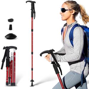 Telescopic Walking Cane 43 Inch with Anti-Shock & T-Grip Handle - 7075 Aluminum Quick Lock Trekking Pole, Ultralight for Hiking, Camping, Mountaineering (Red)