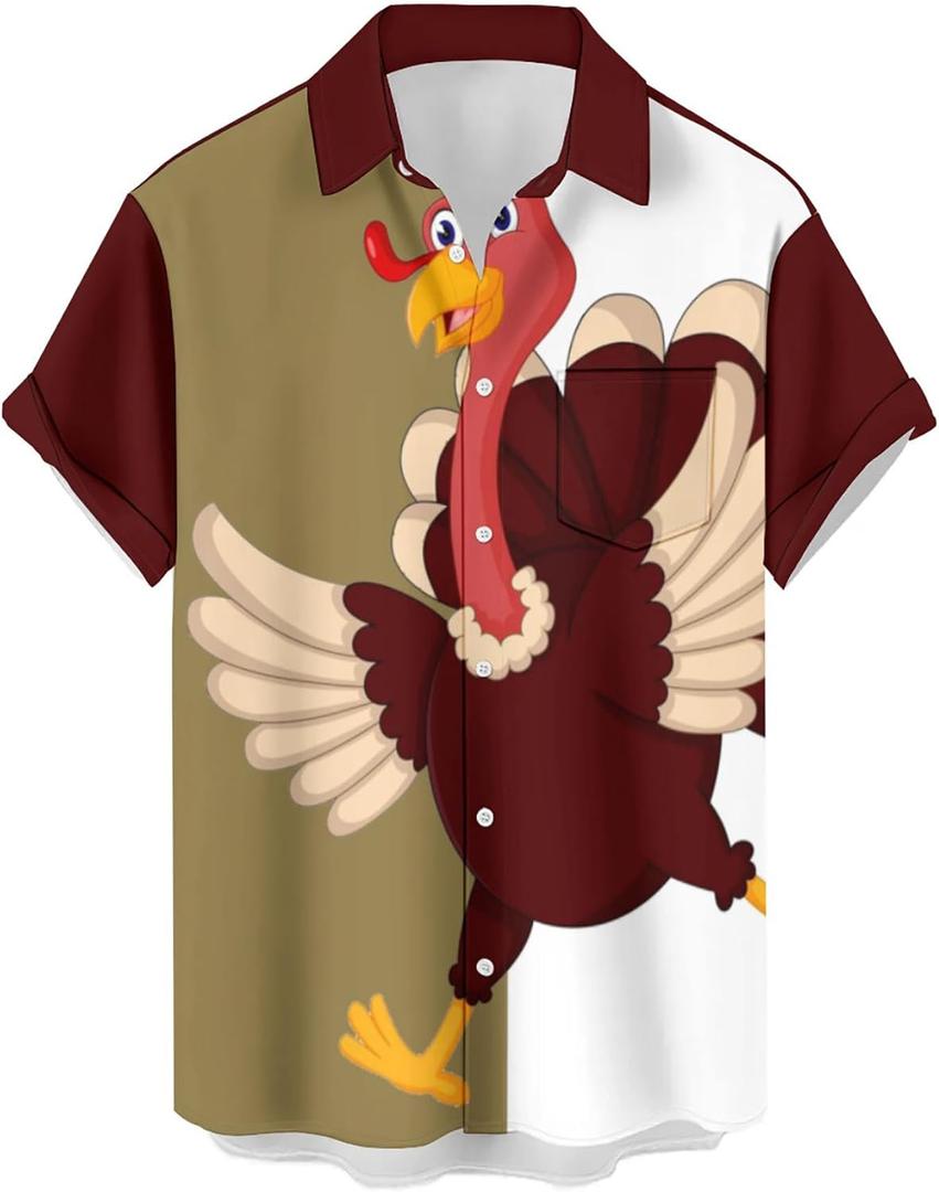 QIVICIMA Mens Halloween Christmas Shirts Funky Button Down Shirts Party Aloha Shirt Santa Print Holiday Hawaiian Tops (X-Large, Af Thanksgiving)