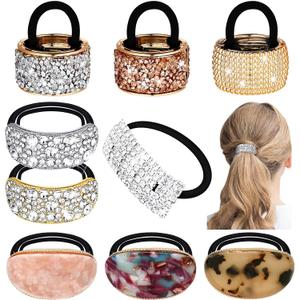 9 Pack Ponytail Hair Cuff Metal Rhinestone Decorative Fancy Ponytail Holder for Women Gold Elastic Glitter Hair Tie Wrap Cuff Tortoise Shell Ring Holder Mother's Day Gift(Elegant Style)