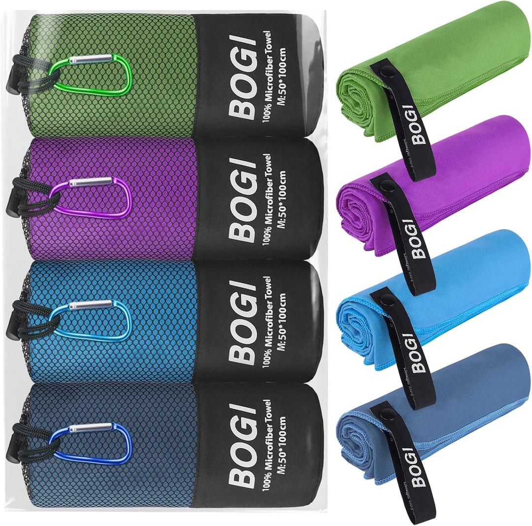 BOGI 4 Pack Microfiber Travel Sports Towel-Quick Dry Towel, Soft Lightweight Microfiber Camping Towel Absorbent Compact Travel Towel for Camping Gym Beach Bath Yoga Swimming Backpacking-4 pcs Medium (4 Pack-nblue+blue+agreen+purple)
