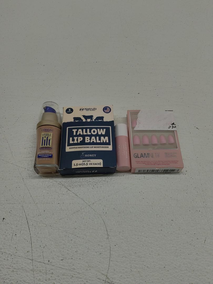 L'Oreal Paris Visible Lift Serum Absolute Foundation; CoverGirl Clean Fresh Tinted Lip Balm; Beef Tallow Lip Balm; Glamnetic Press On Nails