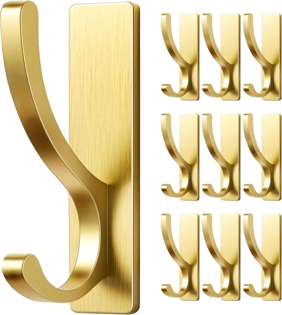 pickpiff Adhesive Wall Hooks for Towels - Sticky Hook Hanging Heavy Duty (13lb), Hanger for Door, Bathroom, Dorm, Closet - for Coats, Purse, Bag, Robe - No Damage to Wall - Gold 10 Pack