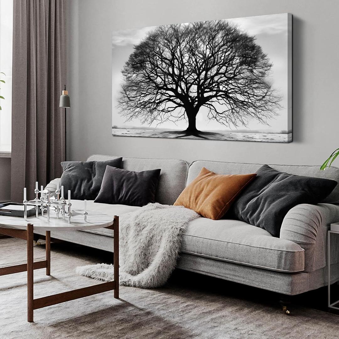 Prepeyssee Tree of Life Wall Art Large Artwork Black and White Wall Art Modern Landscape Nature Canvas Prints Decor for Living Room Bedroom Office Ready to Hang 24"x48"
