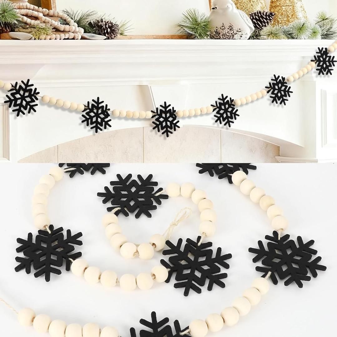 2 x DAZONGE Christmas Decorations, Felt Snowflake Garland and Wood Beads for Farmhouse Christmas Banner Decor, Wall, Shelf, and Holiday Decorations (Black)