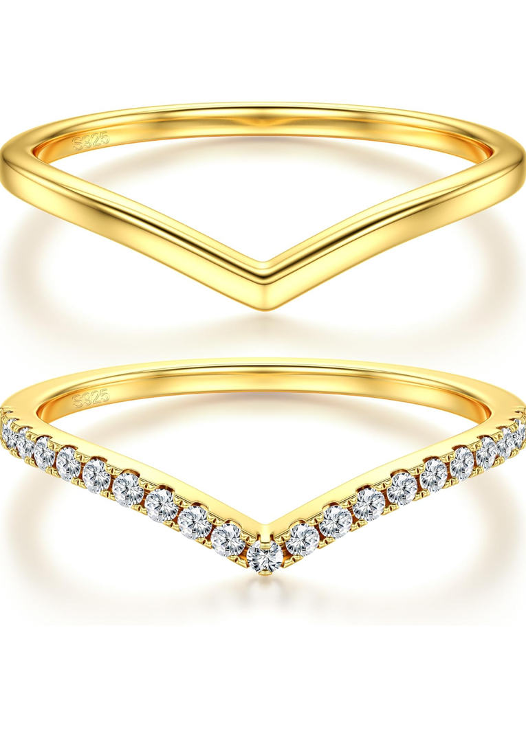 Dochais 2PCS Silver Rings for Women 925 Sterling Silver 14k Gold Plated Wishbone Ring Non Tarnish Wedding Bands Stackable Dainty V Shaped Rings CZ Wedding Rings Promise Ring Engagement  Size 6,5