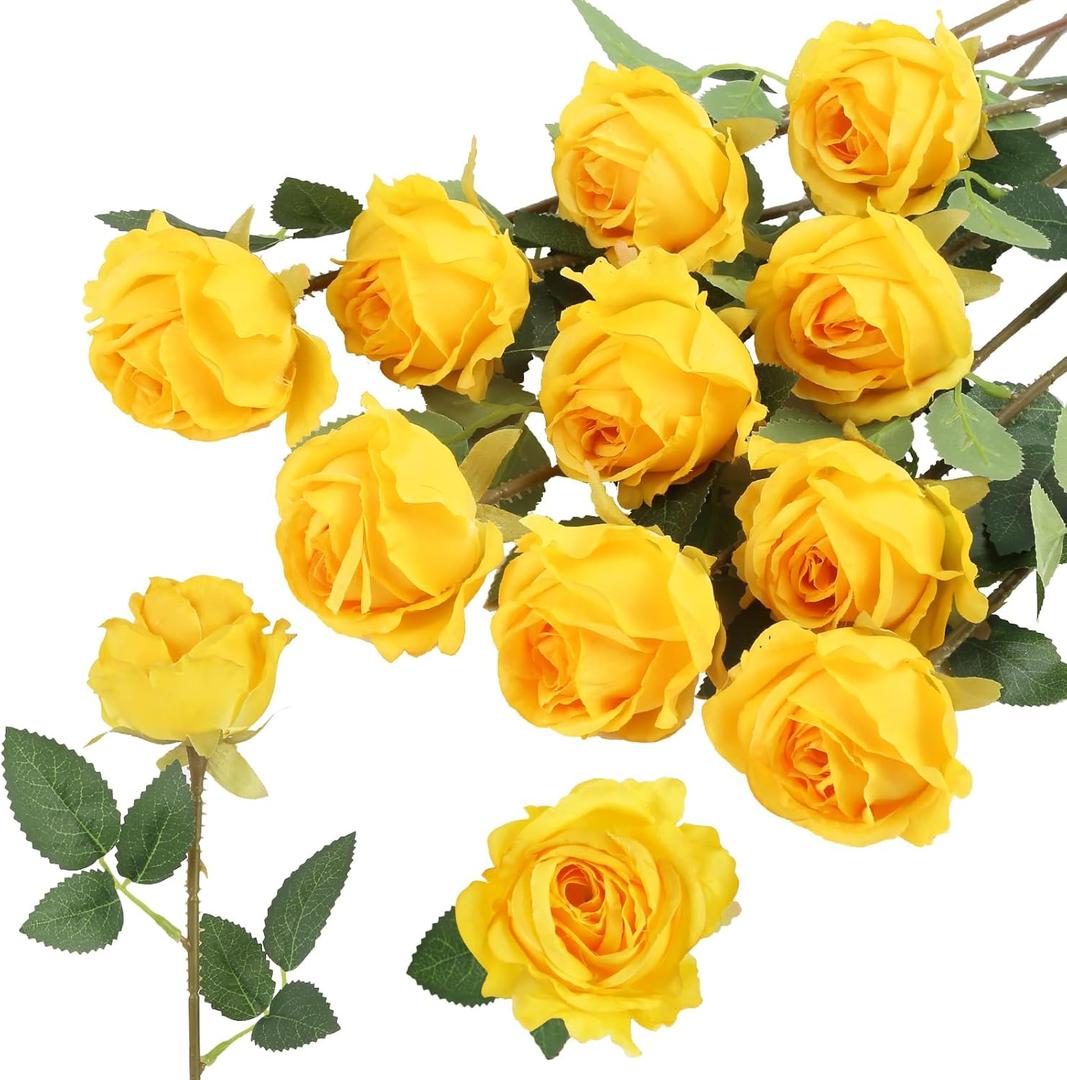 10Pcs Fake Rose Flowers Yellow Artificial Flowers with Long Stems Faux Silk Roses for DIY Wedding Bouquets Welcome Flowers Chair Back Valentines Day Home Party Table Decor (Yellow)