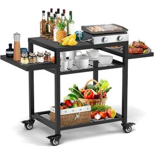 42"x 20" Three-Shelf Grill Table Grill Cart Outdoor BBQ and Work Cart Table Movable Pizza Oven Table Commercial Multifunctional Kitchen Food Prep Worktable (Metal)