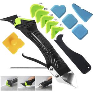 Caulking Tool 5 in 1 Silicone Caulking Grout Removal Sealant Finishing Tool with Grout Scraper, 6 Exchange Silicone Pads, Adhesive Residue Scraper Seam Repair Kit for Kitchen Bathroom (Green)