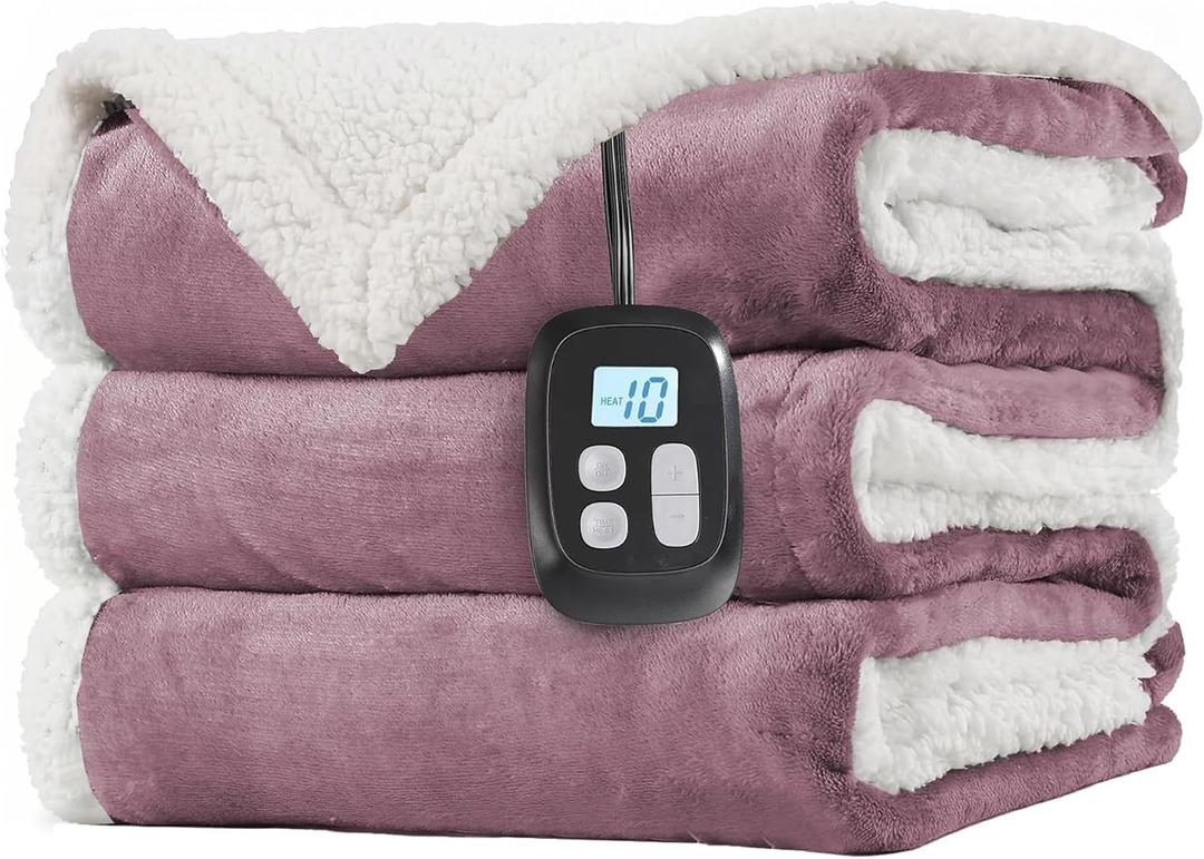 LaffyLo Electric Heated Blanket Twin Size 62 x 84, Fast Heating Blanket, Dual-Sided Flannel Sherpa, 10 Heat Settings, 1-12 Hour Auto Off, Machine Washable, Purple