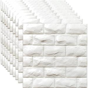 3D Wall Panels Peel and Stick 20PCS White Foam Brick Wallpaper for Bedroom Faux Stone Wall Panel Self-Adhesive Wallpaper (White 20PCS) (20PCS-19.37 Sq Ft)