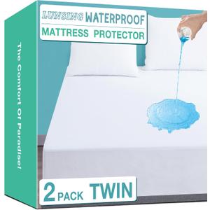 Lunsing Soft 2 Pack Twin Size Waterproof Mattress Protector with 6-16 Inches Deep Pocket, White