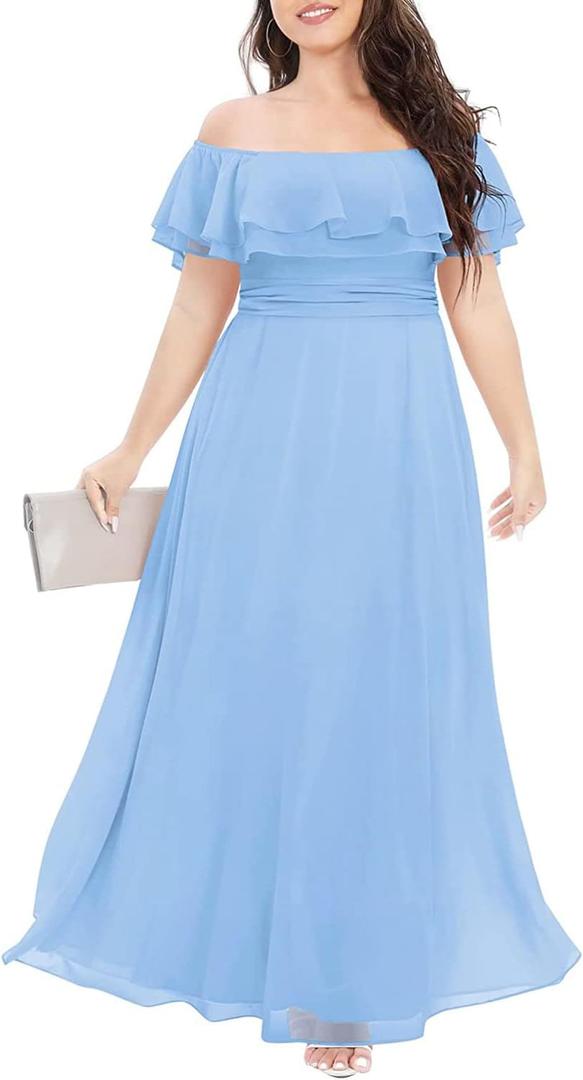 Pinup Fashion Women's Bridesmaid Dresses for Wedding Plus Size Formal Off The Shoulder Chiffon Maxi Dresses (Blue), Size: 14 Plus