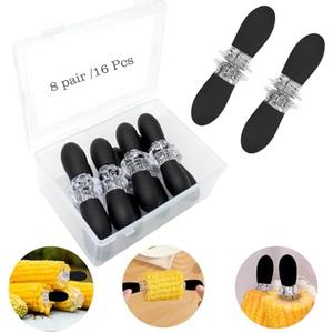 PEOUWNES Stainless Steel Corn Holders - 16Pcs/8 Pairs Black Corn Cob Holders, Interlocking Design Skewers for Home Cooking BBQ Parties Camping