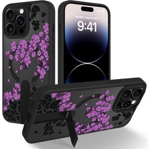 OOK Case Fit for iPhone 14 Pro Max 6.7 Inch (Compatible with MagSafe) Purple Floral Flowers Soft TPU and Hard PC Phone Cover with Kickstand Anti-Scratch Shockproof Protection Magnetic Case for Women