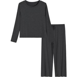 Latuza Women's Petite 2 Piece Pj Lounge Set Petite Length Top Wide Leg Pants (Dark Gray), Small