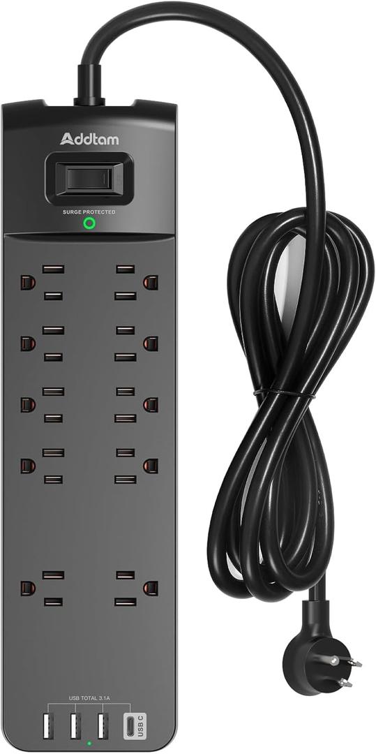 Power Strip - Addtam Surge Protector with 10 Outlets and 4 USB Ports, 6 Feet Extension Cord with Flat Plug, 2700 Joules, ETL Listed, Black
