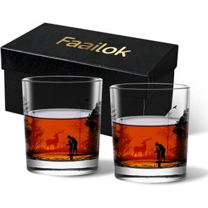 Faailok Whiskey Glasses Set of 2,10Oz Stemless Glasses,Rocks Glasses for Bourbon Scotch,Old Fashioned Glasses for men & Dad Gifts,Heavy Base,Dishwasher-Safe (Fishing with Child)