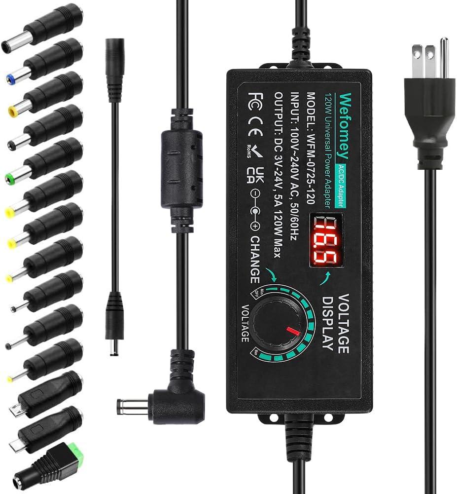 120W Universal Power Supply Adjustable DC 3V ~ 24V Variable Switching AC/DC Adapter 100V-240V AC to DC 24V 5A Converter with 14 Tips & Polarity Converter - 5000mA Max