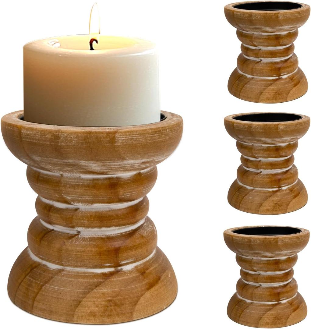 Pillar Candle Holder, Farmhouse Wood Candle Holder, Rustic Wooden Candle Stand, Vintage Small Wooden Candlestick Holders for Living Room, Table Centerpiece, Brown(4PCS)
