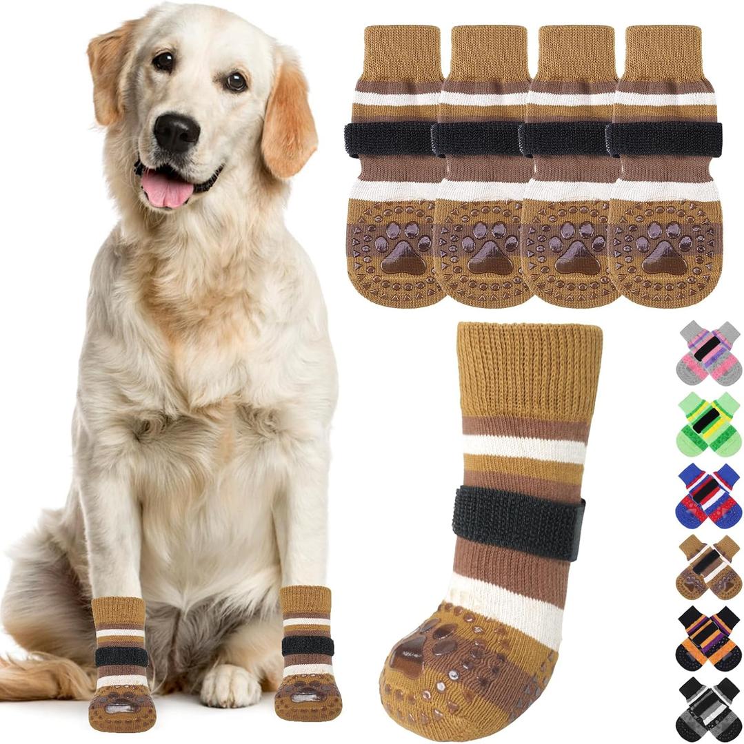 KOOLTAIL Dog Socks for Hot Pavement, Summer Dog shoes to Prevent Licking Paws for Hardwood Floor, Non Slip Double Sides Boots & Paw Protectors, Pet Grippy Booties for Small Medium Large Senior Dogs,SM (Brown+Beige)
