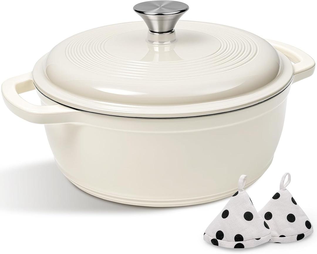 Enameled Cast Iron Dutch Oven Pot With Lid - AIVIKI 5QT Dutch Oven for Bread Baking With Cotton Potholders - Heavy-Duty Cookware for Braising, Stew, Roasting, Oven Safe up to 500F, Cream White