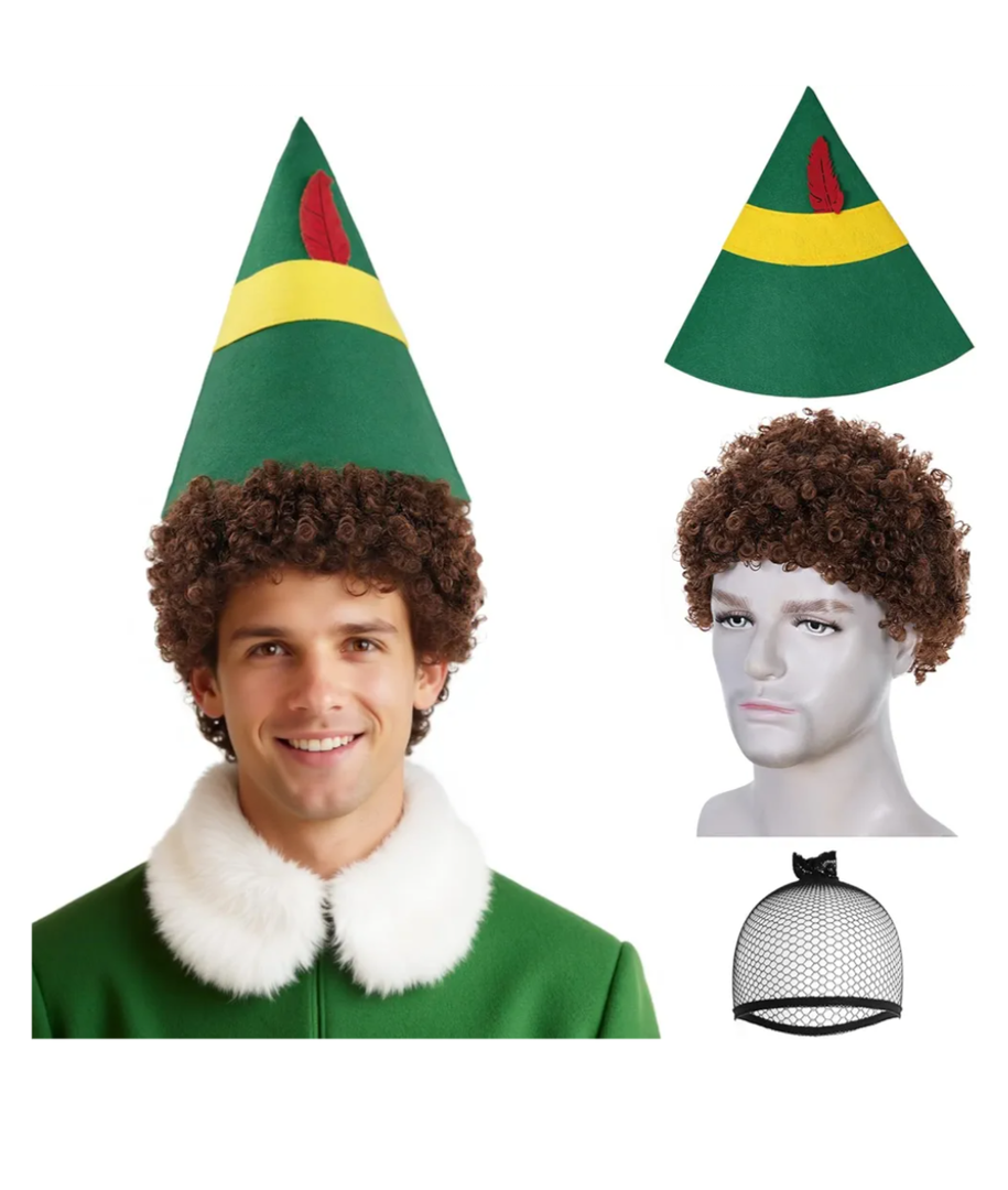 JoneTing Christmas The Elf Wig【+Hair Cap with Hat】Short Brown Curly Wigs for Men Afro Wigs Hat Brown Afro Hairs 70s Disco Costume Hair for Halloween Christmas Cosplay Party Costume Outfit Accessories