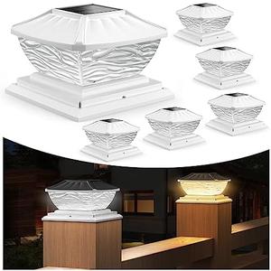 SOLLUCIS Solar Post Cap Lights, Large 8 LEDs 2 Modes Outdoor Waterproof for 4x4 5x5 6x6 Vinyl Wooden Deck Fence Posts Patio Garden Decor, Warm/Cool White Fathers Day 6 Pack, White