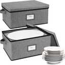 Platter Storage Case（2-Pack）,Stackable Plate Storage Containers, 17“ x 13” x 8.2” China Storage Containers Hard Shell with 6 Felt Dividers, Linen Grey