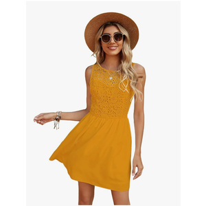 WDIRARA Women's Floral Lace Sleeveless Round Neck Ruffle Hem A Line Dress, L, Mustard Yellow