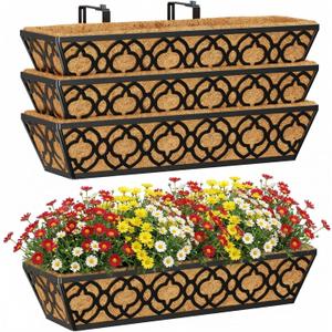 Y&M Deck Railing Planter Boxes, Adjustable Balcony Planter for Outdoor Plants, Metal Railing Planter Box for Deck, Fence and Porch, Window Boxes Outdoor, Sturdy Hanging Planter-24inch 4pcs