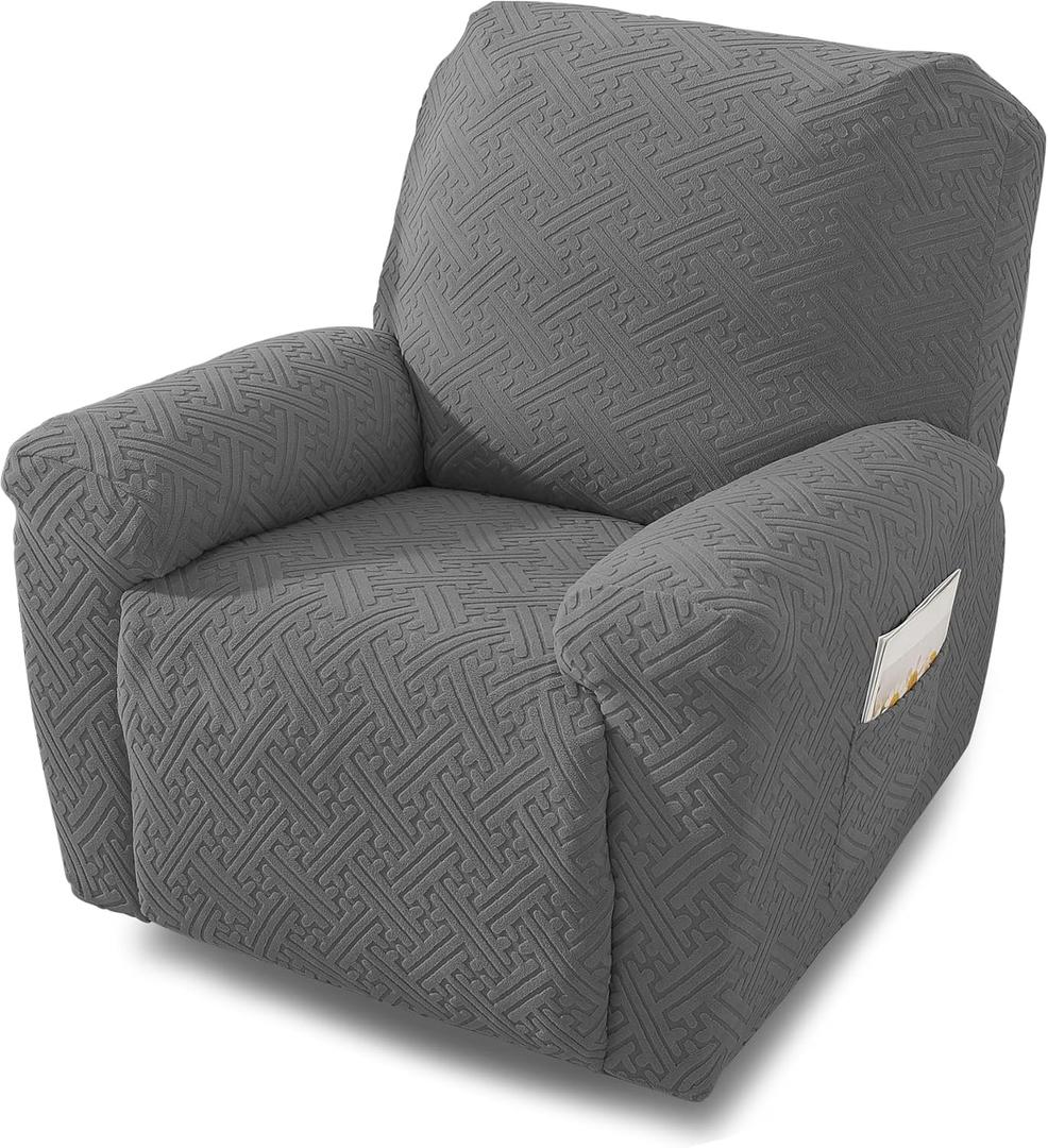 NORTHERN BROTHERS Stretch Recliner Chair Cover, Split Jacquard Furniture Protector, 4 Piece Recliner Slipcovers with Pockets for Living Room, Dark Gray (1 Seat, Light Grey)