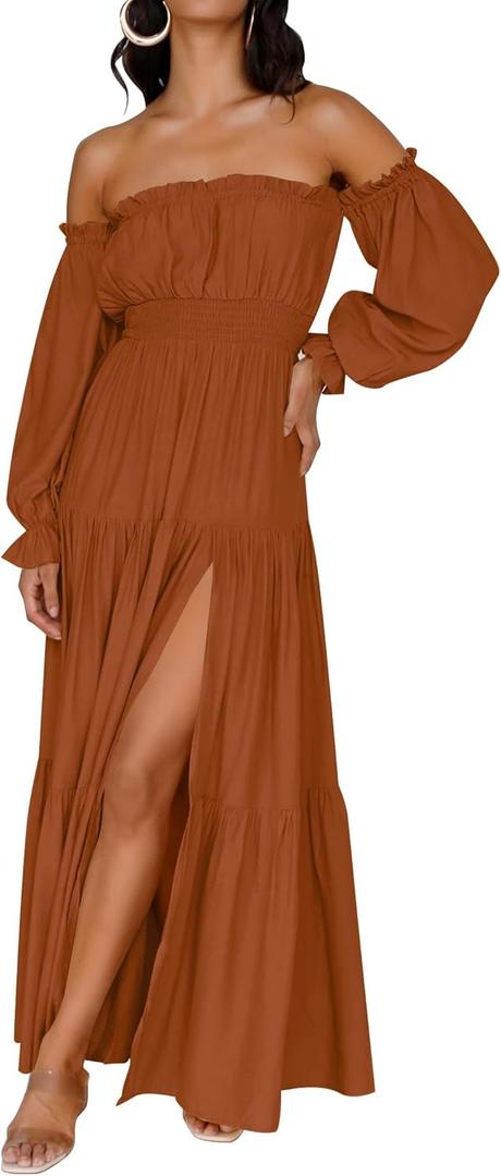 ZESICA Women's Boho Off Shoulder Wedding Guest Dress 2026 Spring Summer Side Split Flowy A Line Long Maxi Dresses (Brown, L)