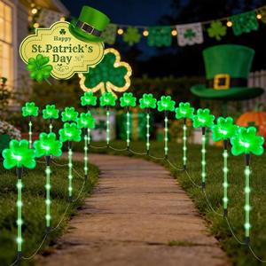 12 Packs Shamrock Pathway Lights Outdoor Decorations for St. Patricks Day, Green Lucky Clover w/ 8 Modes Lighting Auto ON/ Off Waterproof Stake Lights for Festive Outside Garden, Yard Decor