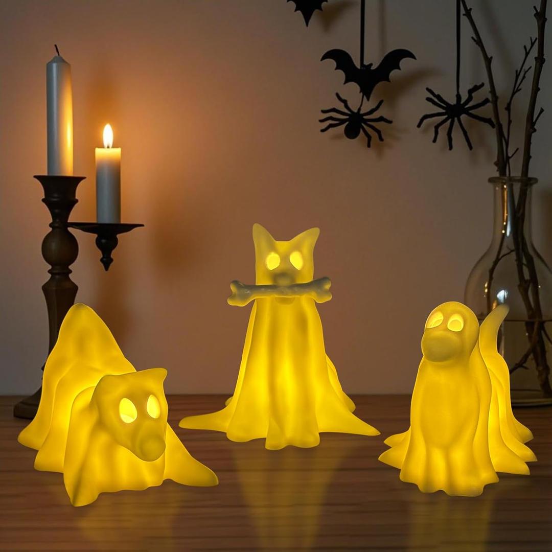 Light-Up Halloween Decorations, Set of 3 Draped Ghost Dog Figurines, Spooky Halloween Decorations Indoor, Ghost Decor for Home Party Display