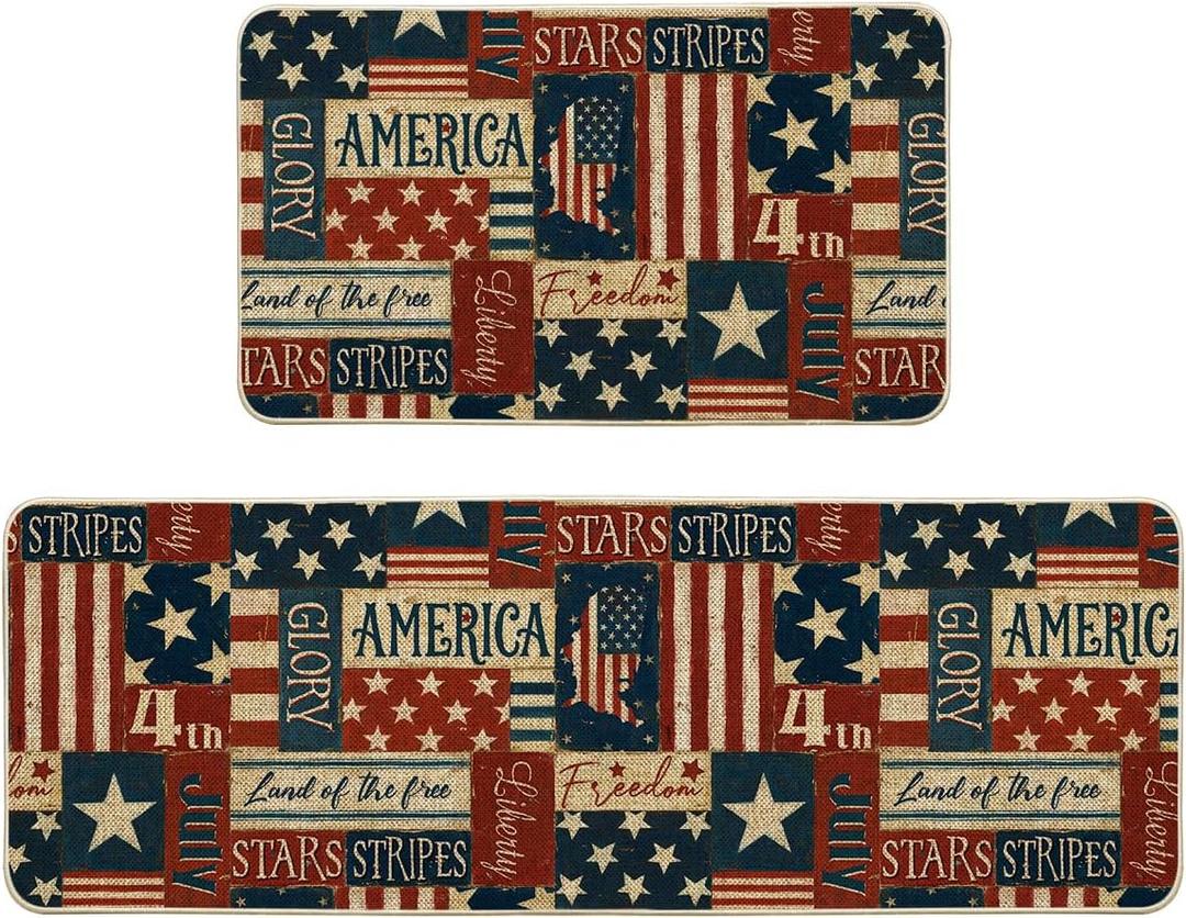 Artoid Mode Plaid American Flag Stars Freedom Glory Patriotic 4th of July Kitchen Mats Set of 2, Memorial Day Home Decor Kitchen Rugs for Floor - 17x29 and 17x47 Inch