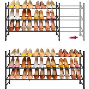 Tajsoon Expandable Shoe Rack for Closet 3 Tier, 28-41Adjustable & Stackable Shoe Shelf Storage, Metal Shoe Rack Organizer for Front Door Entrance, Closet, Garage, Entryway, Black
