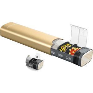 Metal Weekly Pill Organizer, Serfeymi Aluminum Daily Pill Box(Spare Gasket Provided), 7 Day Pill Case Travel Medicine Organizer, Pill Containers with Individual Lid for Vitamins, Pills, Supplement-Gold (With Lid 6.5in*2in*1.3in)