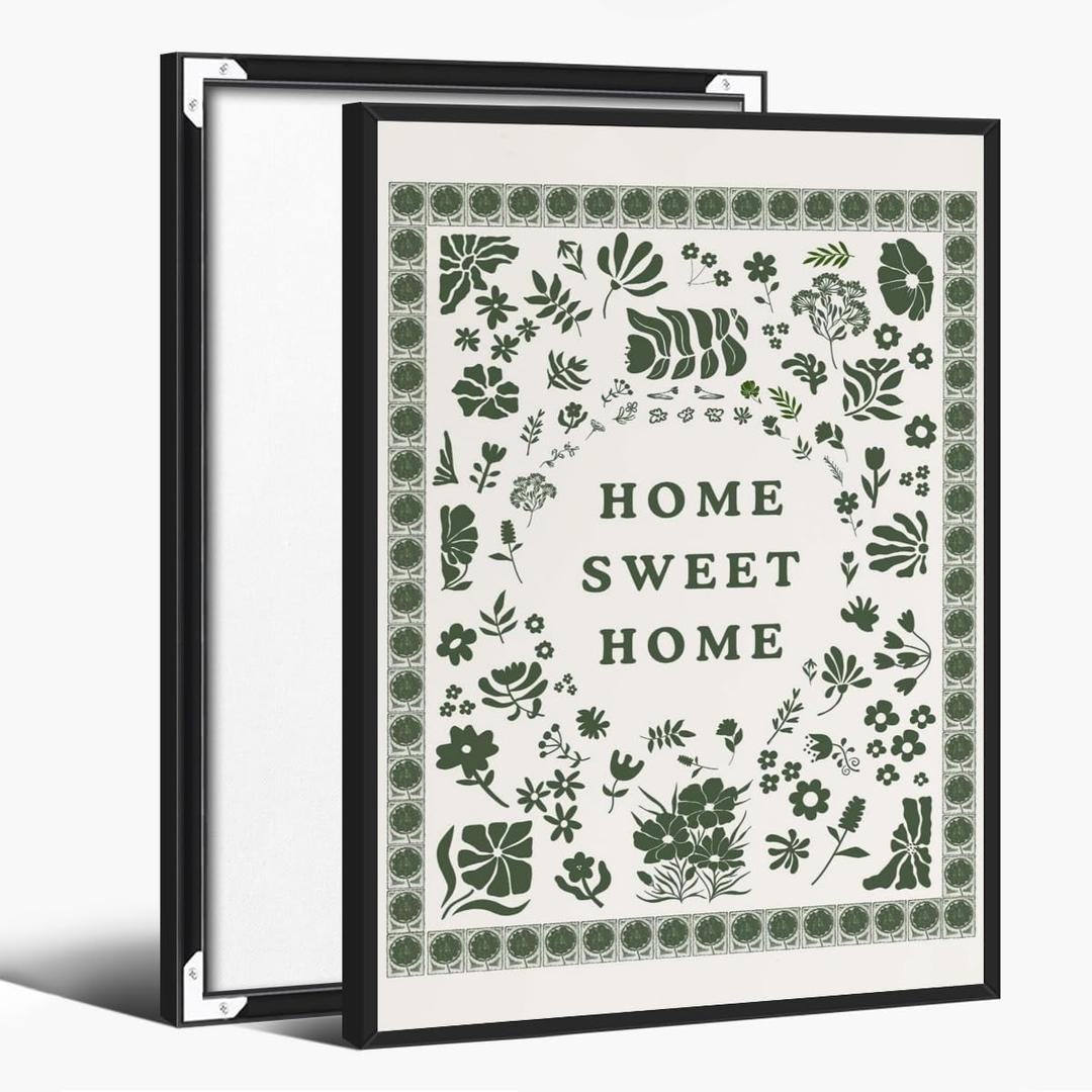 Trendy Home Sweet Home Botanical Poster Vintage Minimalist Wall Art Retro Green Plants Canvas Painting Floral Picture Print for Bedroom Living Room Kitchen Office Decor 12x18inch Black Aluminum Frame
