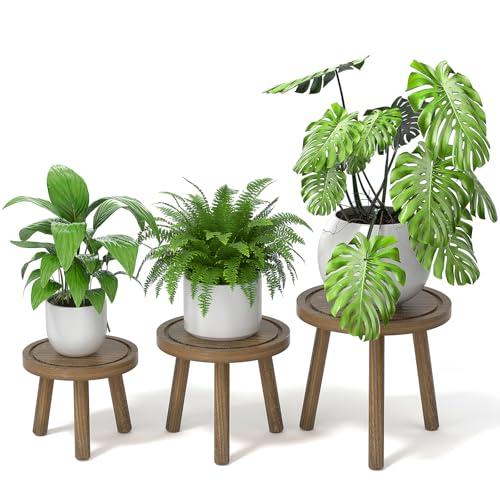 Vecxoty 3-Pack Wood Plant Stands Indoor, Single Plant Stand for 6-12 Inch Pots, Mid-Century Modern Plant Stool, Tall Plant Stand for Large Plants for Living Room, Balcony, Office (Dark Gray)