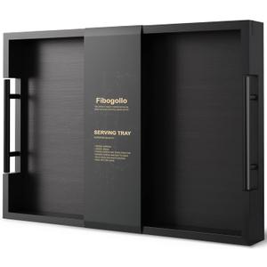 Fibogollo Bamboo Serving Tray with Metal Handles,17x12in Ottoman Decorative Trays Platter for Coffee Table,Living Room,Bar,Party,Large(Black)
